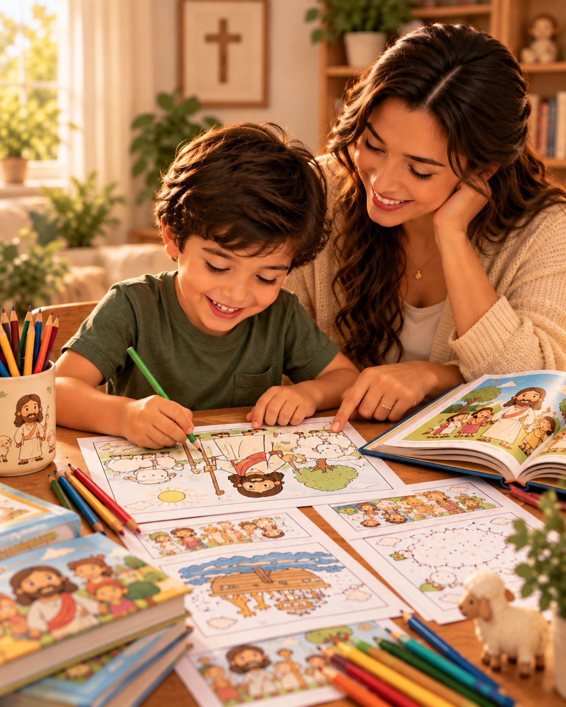 Mãe e filho colorindo juntos uma atividade bíblica
